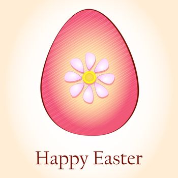 Happy Easter text and striped pink egg with spring daisy flower