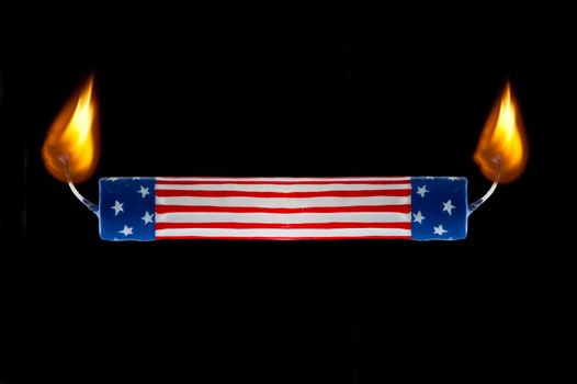 Concept of USA flag representing America burning candle at both ends economics or political commentary