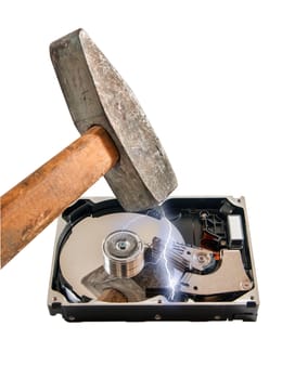 Hard disk break a hammer, isolated on white background