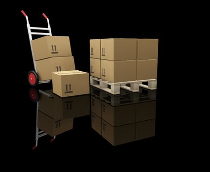 3D render of a hand truck and stacks of boxes