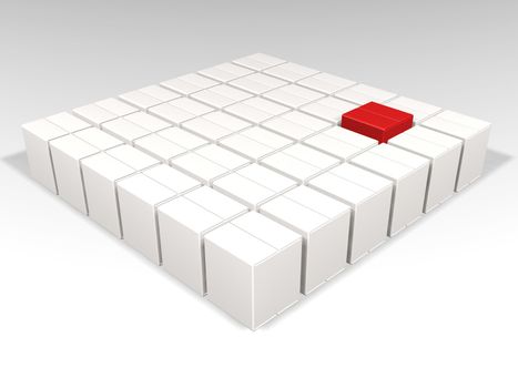 One red box amongst many white boxes