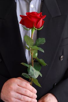 Man in black suit holding a red rose