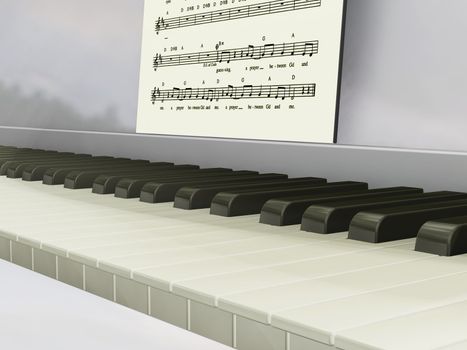 3D render of piano keys and music