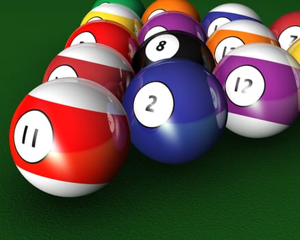 3D render of pool balls on a pool table