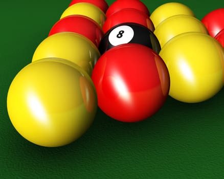 3D render of pool balls on a pool table