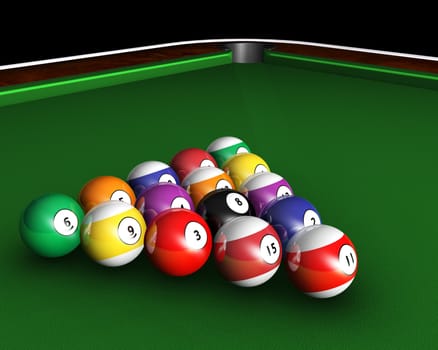 3D render of pool balls on a pool table