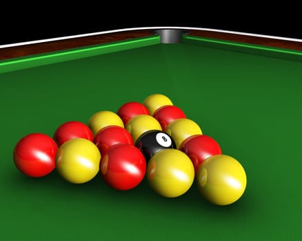 3D render of pool balls on pool table