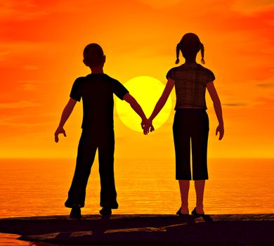 A young boy reaches for his girlfriends hand while looking at the sunset over the ocean.
My own original artwork.