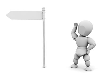 3D render of someone stood by a blank sign post