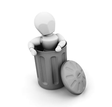 3D render of someone in a trash can
