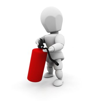 3D render of a person holding a fire extinguisher