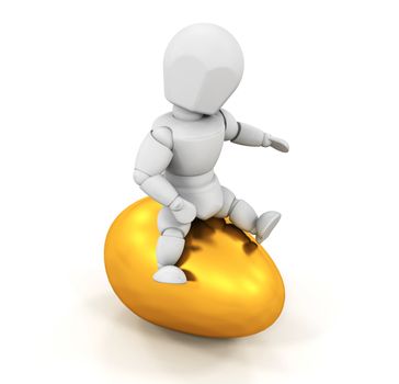 3D render of someone sitting on top of a golden Easter egg