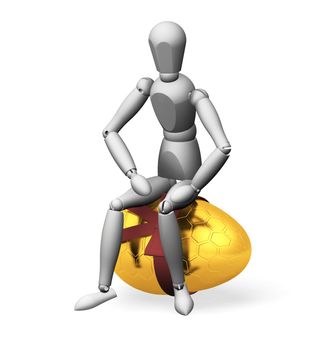 3D render of someone sitting on top of a golden Easter egg