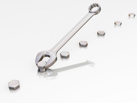 3D render of a spanner and nuts