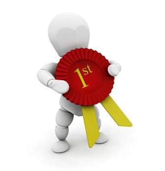 3D render of a person holding a first prize rosette