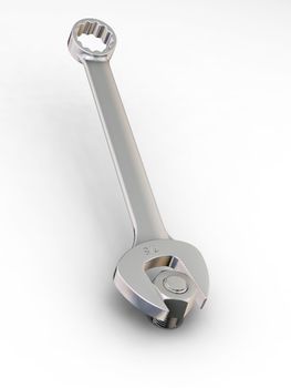 3D render of a spanner with a nut and bolt