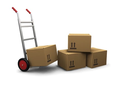 3D render of a hand truck with boxes