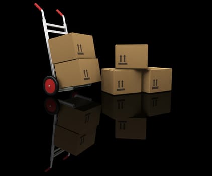 3D render of a hand truck with boxes