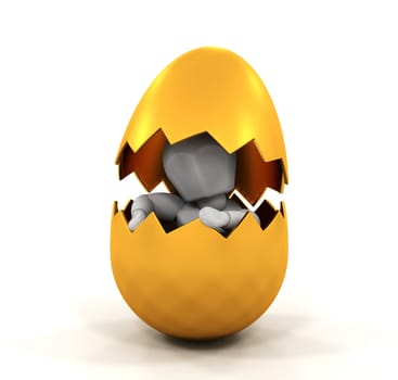3D render of someone inside a golden Easter egg