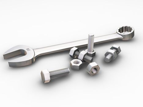 3D render of a spanner, nuts and bolts