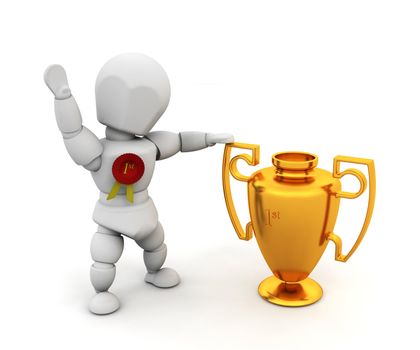 3D render of a person holding a first prize trophy