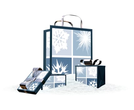 3D render of Christmas shopping bags in snow