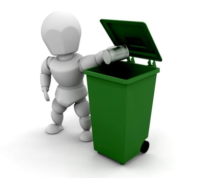 3D render of someone putting a tin can in a green bin