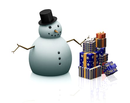 3D render of a snowman with a stack of gifts