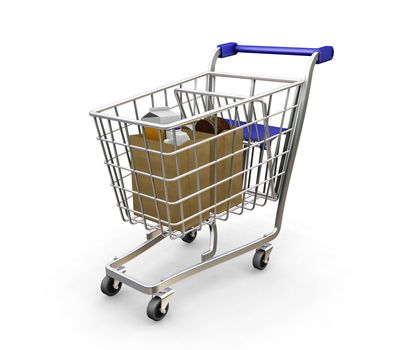 3D render of a shopping trolley with groceries