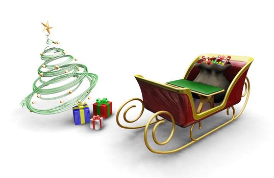 3D render of Santas sleigh with a Christmas tree and presents