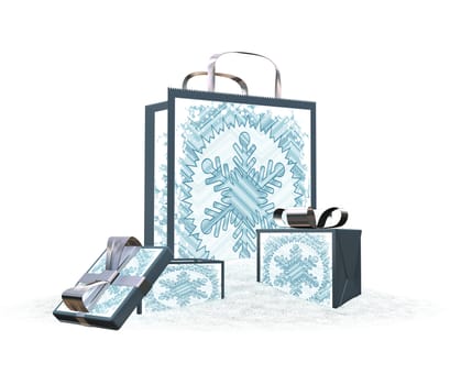 3D render of gift bag and boxes in snow