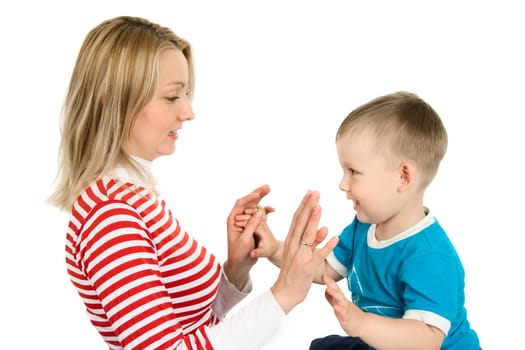 Mother plays with the small son, is isolated on a white background