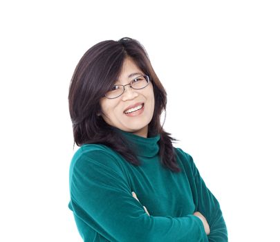 Confident smiling Asian female in green shirt, arms crossed