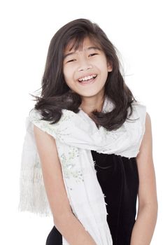 Beautiful youngbiracial asian girl in formal gress standing, smiling