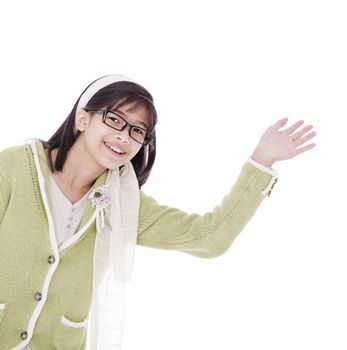 Biracial asian girl in green sweater and glasses waving a warm welcome, isolated