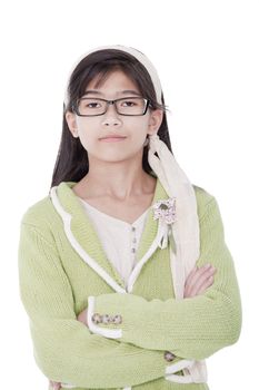 Confident, unsmiling biracial asian  girl in green sweater and glasses, stern expression