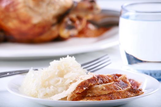 Chicken and rice meal  set on tabletop