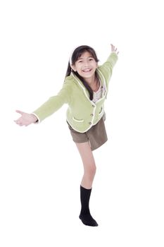 Biracial asian girl in green sweater leaning over in welcome gesture