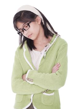 Biracial asian girl in green sweater and glasses, sleeping while standing, bored