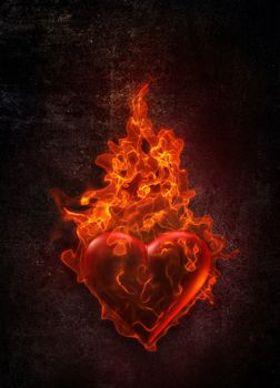 Ardent Heart in flame on grunge background