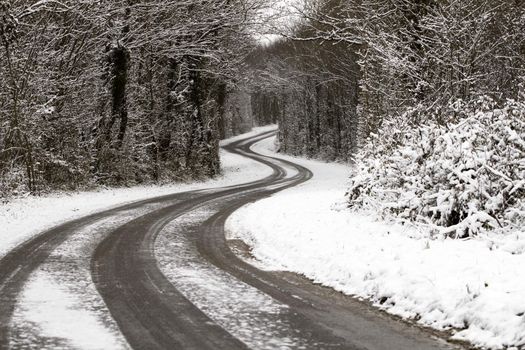 A snowy road in winter