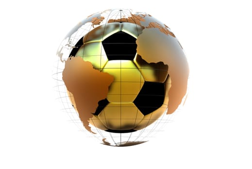 3d golen soccer ball with eaxtruded world continents