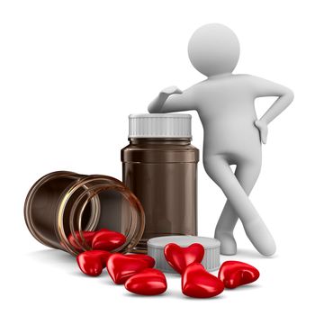 Two bottle and hearts on white background. Isolated 3D image