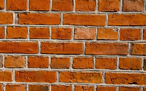 Wall closeup built of red brick background. Architectural details.