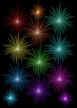 set of colored fireworks on black background vector illustration