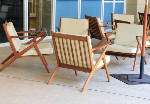 Modern table and chair setting in outdoor restaurant