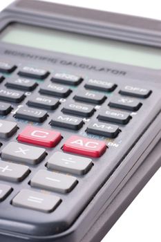 Closeup view of scintific calculator over white background