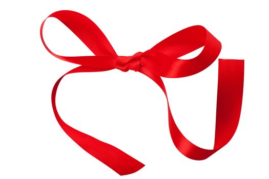 Closeup view of single red ribbon bow isolated over white background