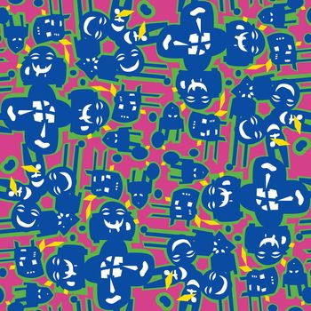 Jumbled shapes and masks in a seamless background pattern