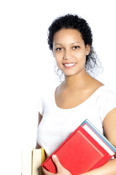 Portrait of smiling African American female holding books